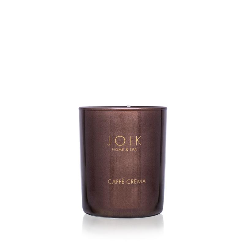 Joik Organics vegan coffee crema scented candle, 150g, showcasing the natural soy wax candle with a minimalist label.
