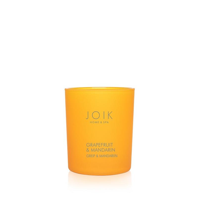 Joik Organics vegan grapefruit and mandarin scented candle in a 150g glass jar, natural soy wax, eco-friendly and stylish.