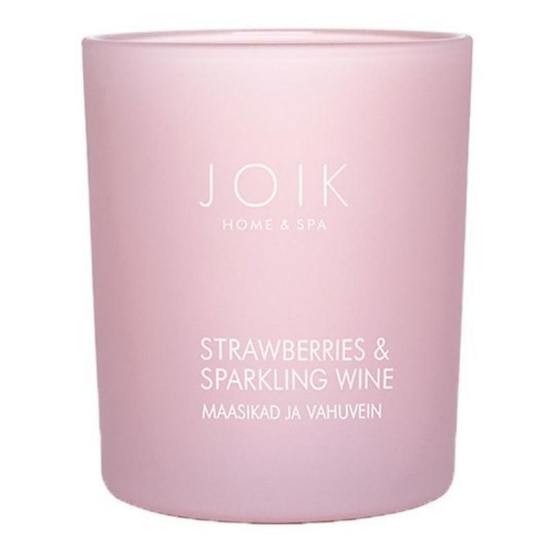Joik Organics strawberry and sparkling wine vegan scented candle in a 150g jar, perfect for a cozy ambiance.