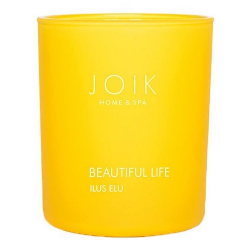 Joik Organics vegan scented candle in a 150g glass jar, featuring a natural wax finish and a lit wick, ideal for cozy ambiance.