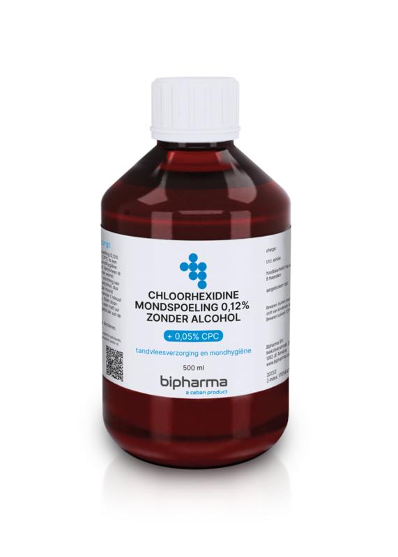 Bipharma Chloorhexidine mouthwash 0.12% in 500ml bottle, used for oral hygiene and mouth rinsing.