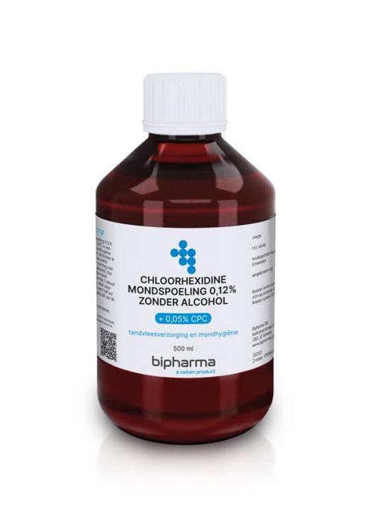 Bipharma Chloorhexidine mouthwash 0.12% in 500ml bottle, used for oral hygiene and mouth rinsing.