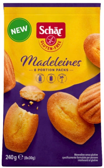 Schar Madeleines classic gluten-free cookies on a plate, 240g package, showcasing golden baked koeken with a delicate texture.