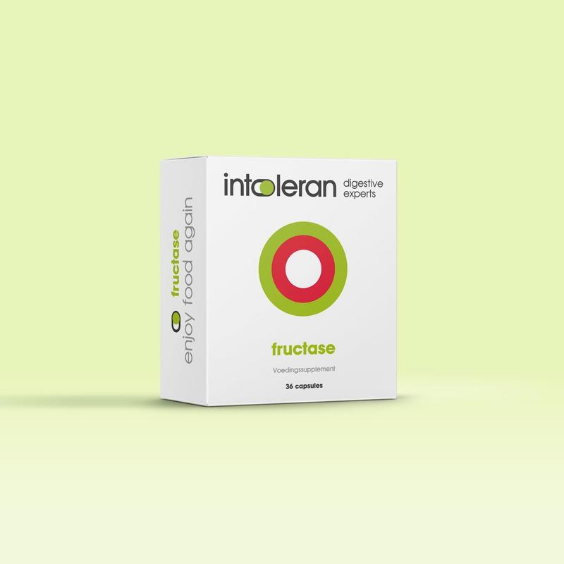 Intoleran Fructase capsules, dietary fiber and enzyme supplement, shown in a bottle with 36 capsules.