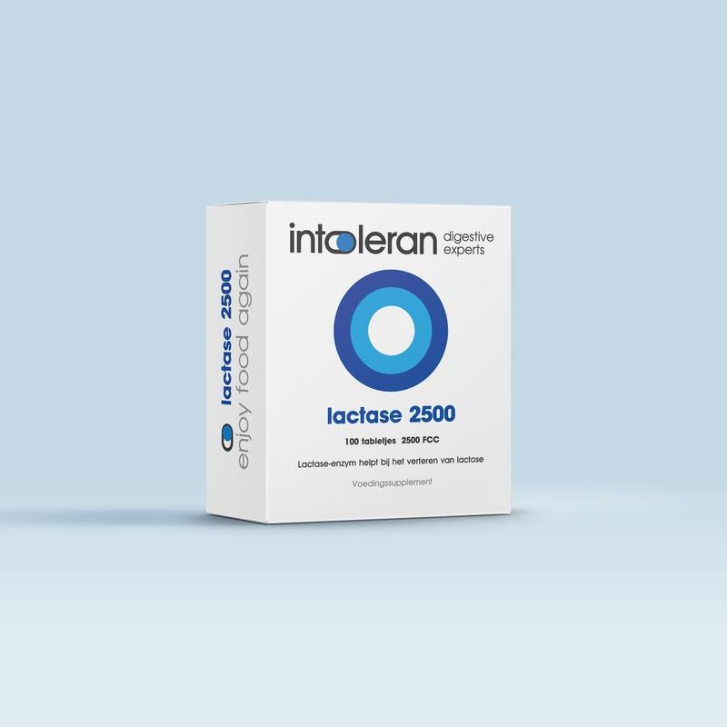 Intoleran Lactase 2500 enzyme tablets in a bottle, dietary supplement for digestive support, with 100 tablets.