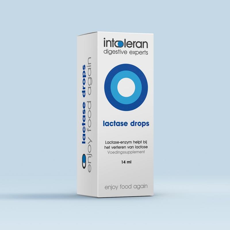 Intoleran Lactase drops in a 14ml bottle, contains enzymes to aid digestion, labeled as Vezels en Enzymen for digestive support.