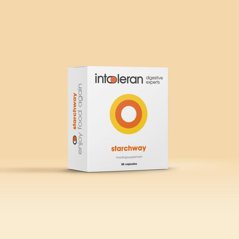 Intoleran Starchway 50 vegetarian capsules, herbal supplement, with a white bottle and label displaying product details.