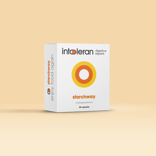 Intoleran Starchway 50 vegetarian capsules, herbal supplement, with a white bottle and label displaying product details.