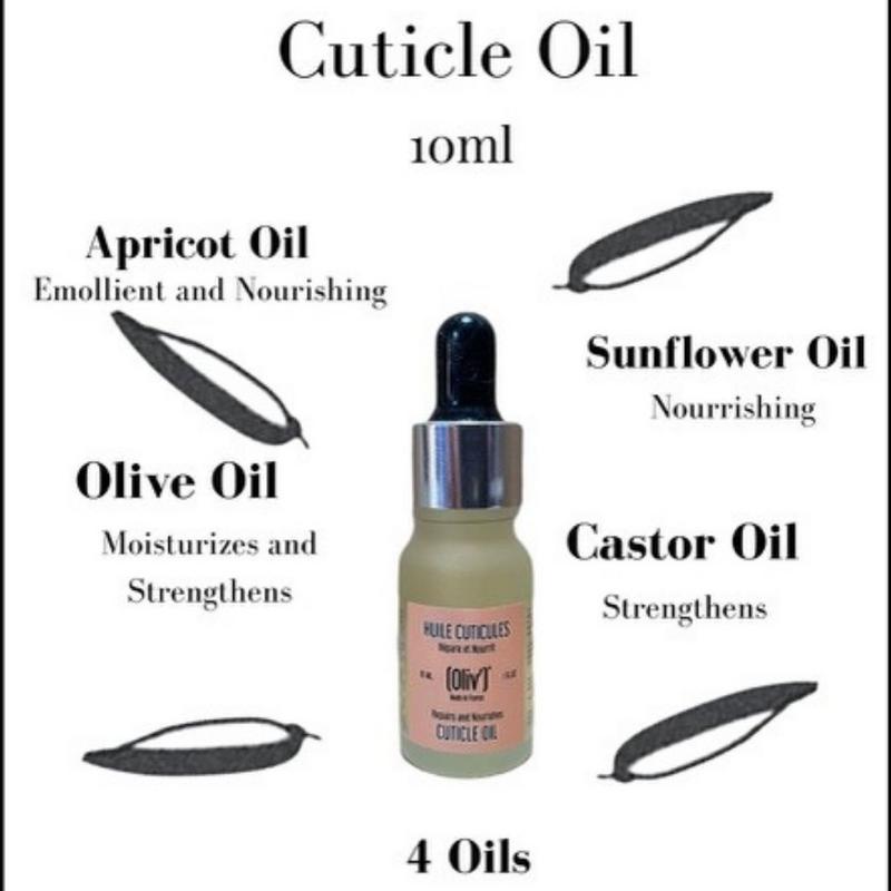 Oliv Bio Bio Cuticle Oil 10ml bottle for facial skincare, featuring natural ingredients and moisturizing properties.