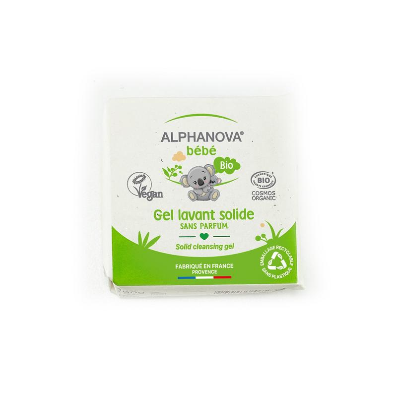 Alphanova Bebe Baby bio solid cleansing gel in 100g, gentle natural soap for delicate baby skin, with soft, soothing texture.
