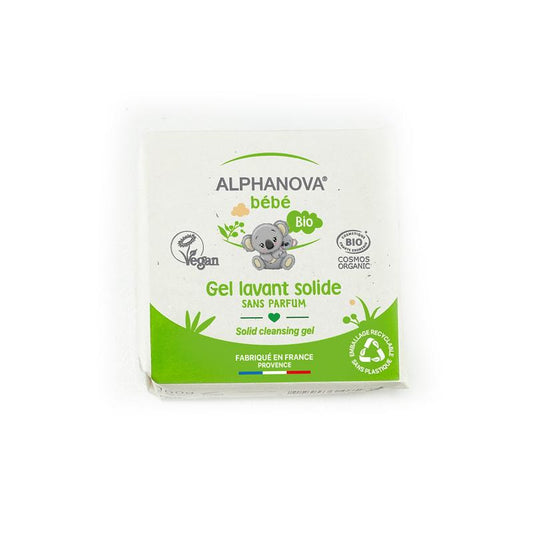 Alphanova Bebe Baby bio solid cleansing gel in 100g, gentle natural soap for delicate baby skin, with soft, soothing texture.
