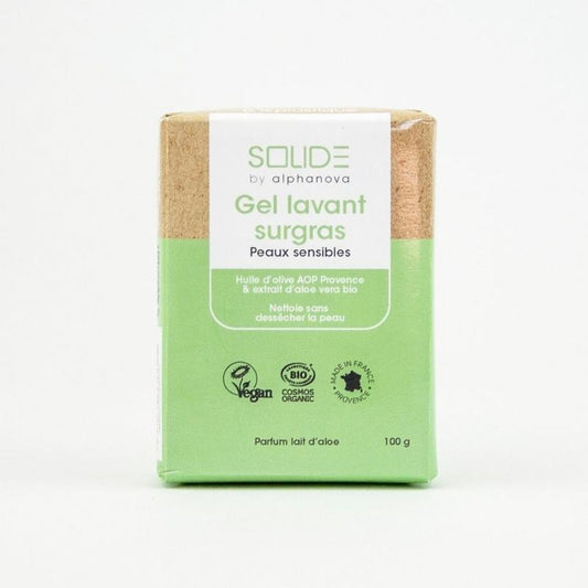 Alphanova Solide cleansing bar with shea butter for sensitive skin, 100g, natural facial cleansing gel in a solid form.