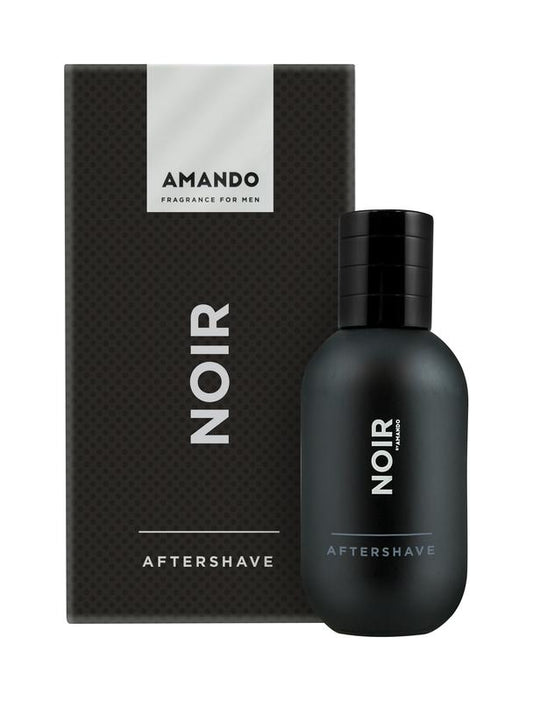 Amando Noir aftershave bottle, 50ml, with sleek black packaging for grooming and skin soothing after shaving.