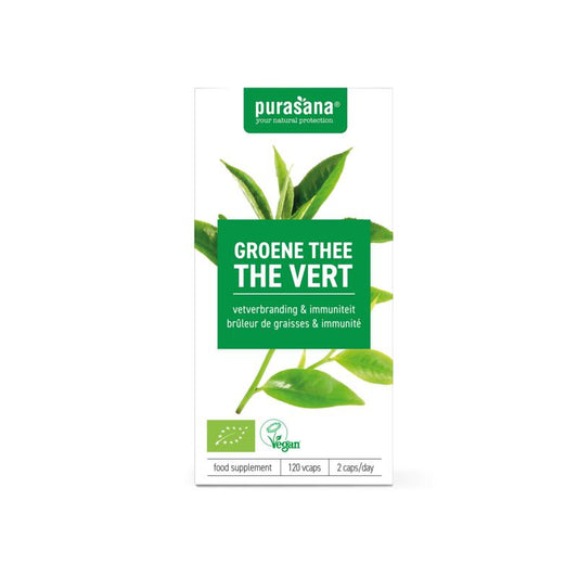 Purasana Groene Thee vegan bio capsules, vegetarian herbal supplement in a clear bottle with green capsules.