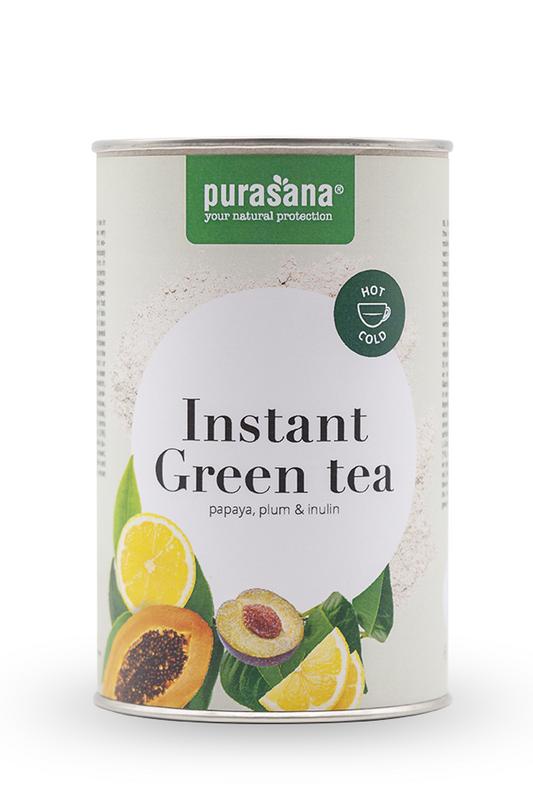 Purasana Green Tea Instant 200g jar with green tea leaves and powder, suitable for brewing or making beverages.