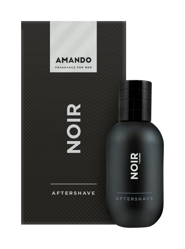 Amando Noir aftershave bottle, 100ml, with sleek black and silver design, for men's grooming and skin soothing.