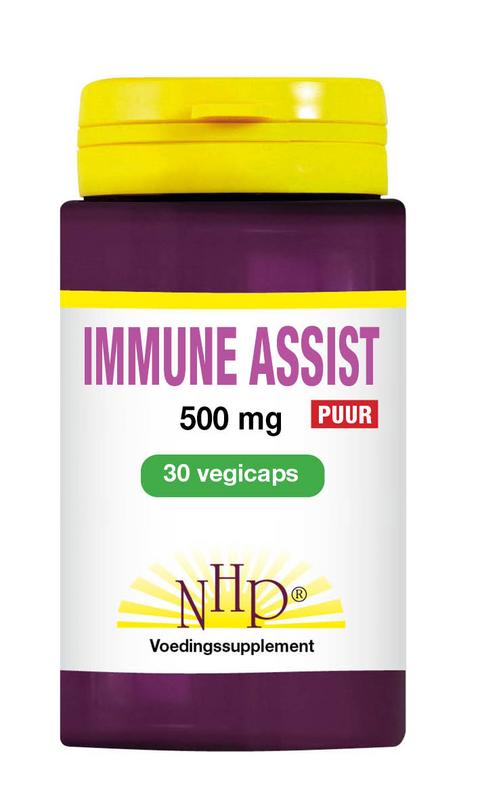 NHP Immune Assist Puur vegetarian herbal capsules in a bottle, designed to support immune health, with green and white packaging.
