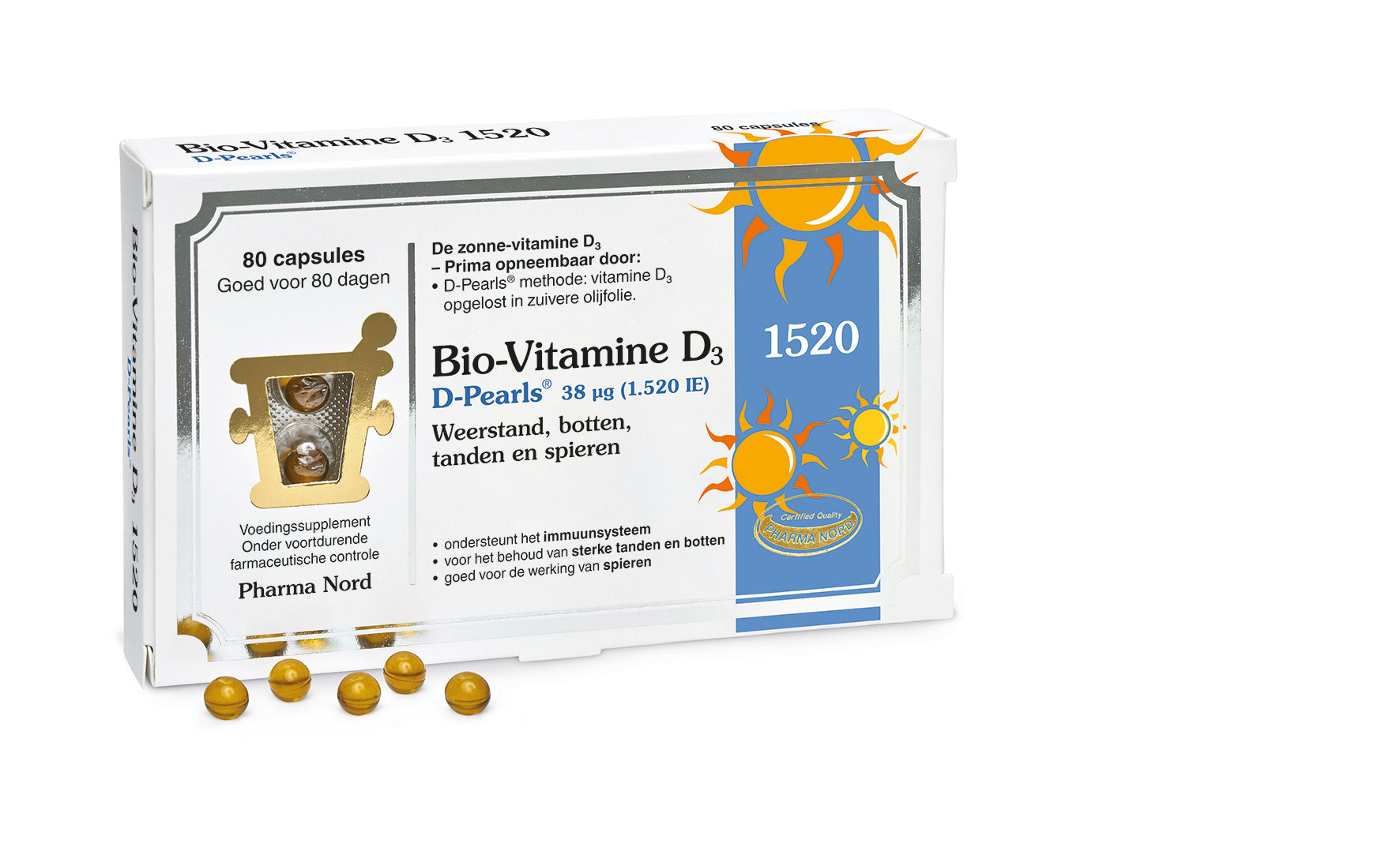 Pharma Nord Bio vitamine D3 38mcg supplement bottle with 80 capsules, showing the label and product packaging.