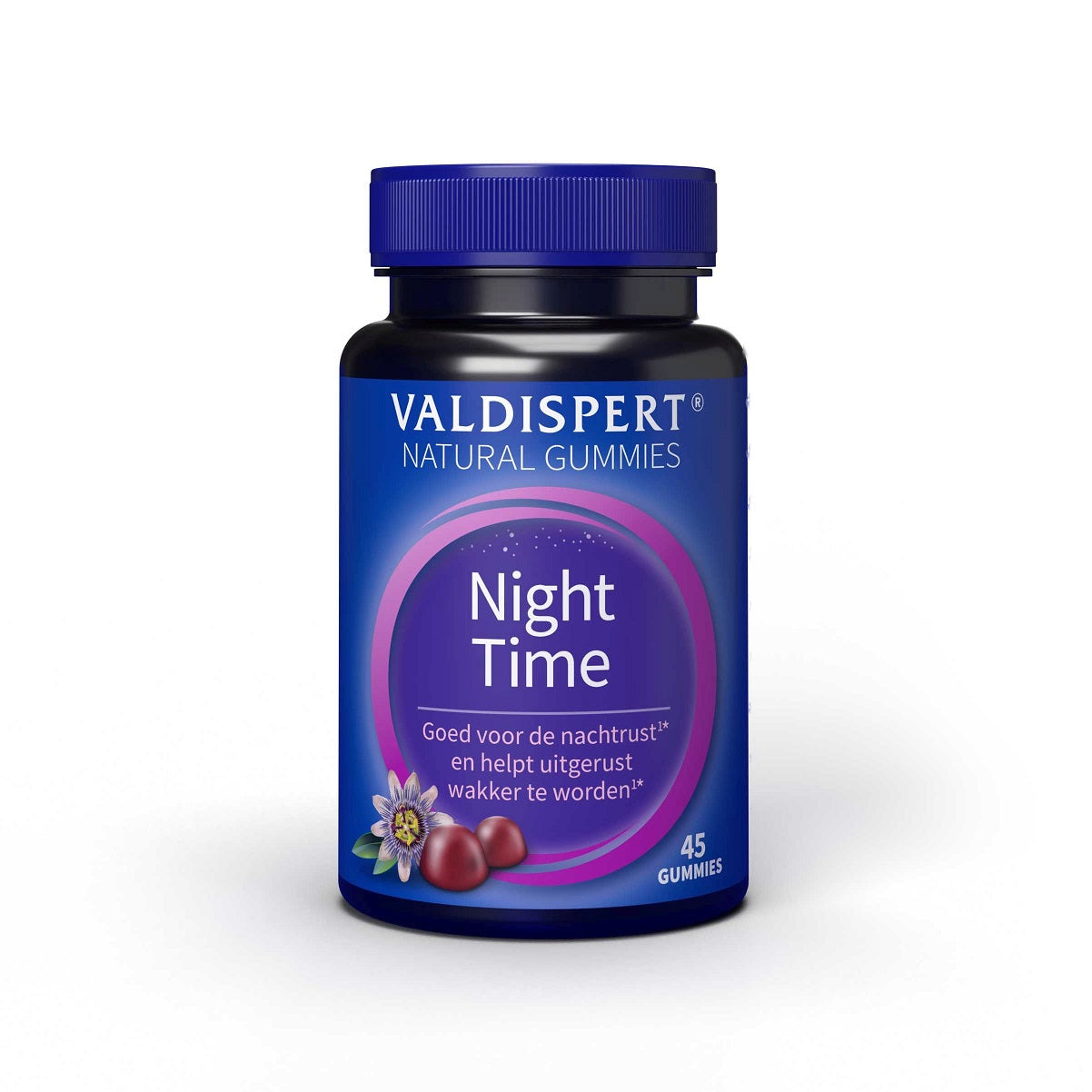 Valdispert Nighttime herbal supplement package with 45 capsules, natural herbal preparations for relaxation and sleep.
