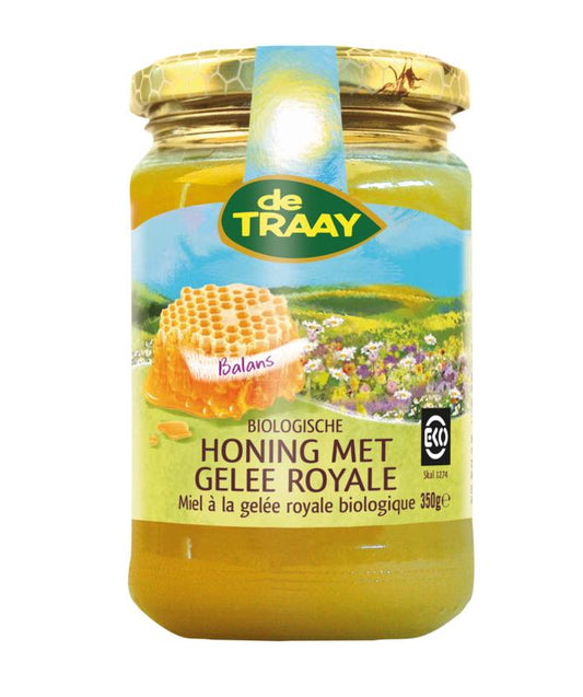 de Traay organic royal jelly honey jar, 350g, showing a glass container with golden honey and royal jelly inside.