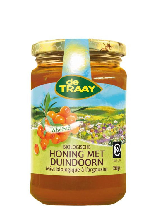 De Traay organic honey with sea buckthorn in a 350g jar, showcasing golden honey with sea buckthorn berries inside.