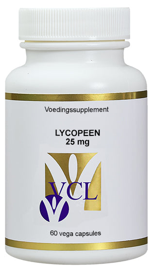Vital Cell Life Lycopeen 25mg vegetarian capsules, herbal supplement in a clear bottle, shown with capsules inside.