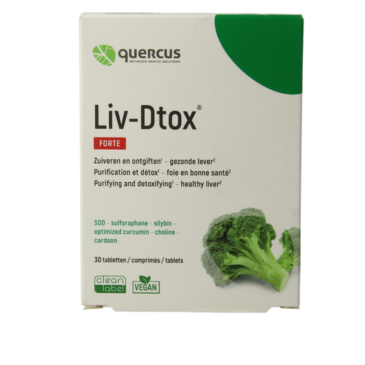 Quercus Liv-dtox herbal supplement box containing 30 tablets, natural herbal remedy for liver support.
