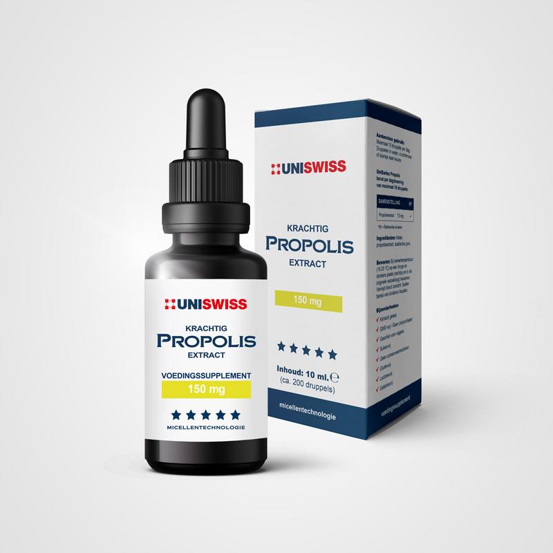 Uniswiss Propolis 10ml bottle with dropper, natural bee resin supplement in a clear glass container with label