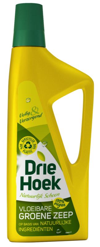 Green liquid soap from Driehoek in a 725ml bottle, ideal for cleaning and household chores.