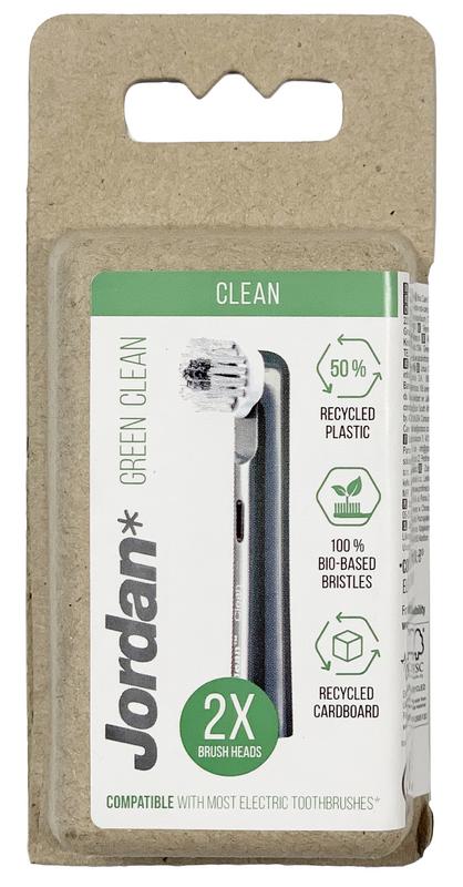 Two Jordan Green Clean tandenborstels with soft bristles, designed for gentle and effective oral cleaning.