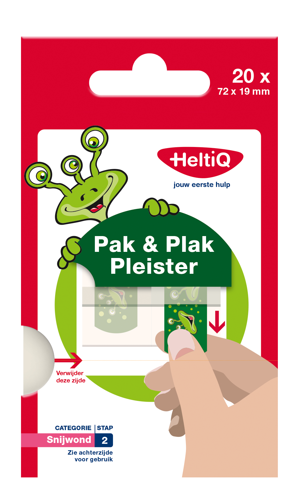 Heltiq Pak & plak groen 20 stuks, adhesive plasters and tape, shown in a box with green bandages and medical tape.