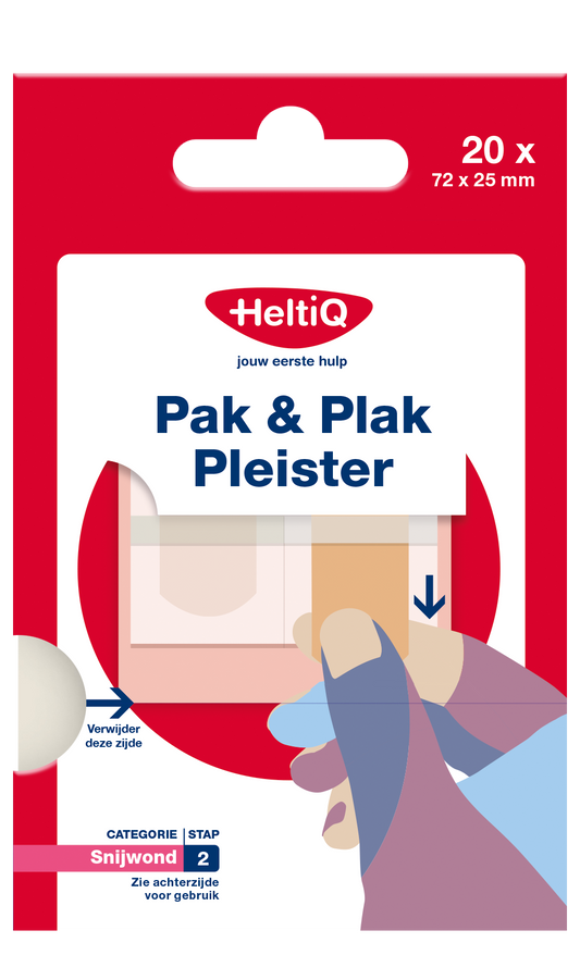 Heltiq Pak & plak textile bandages and tape, 20 pieces, shown in the image with various sizes and application areas.