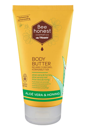 Traay Bee Honest aloe vera and honey body butter, 150ml, creamy moisturizer for smooth, hydrated skin.
