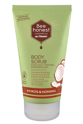 Traay Bee Honest kokos en honing bodyscrub in 150ml container, natural body care product with coconut and honey ingredients.