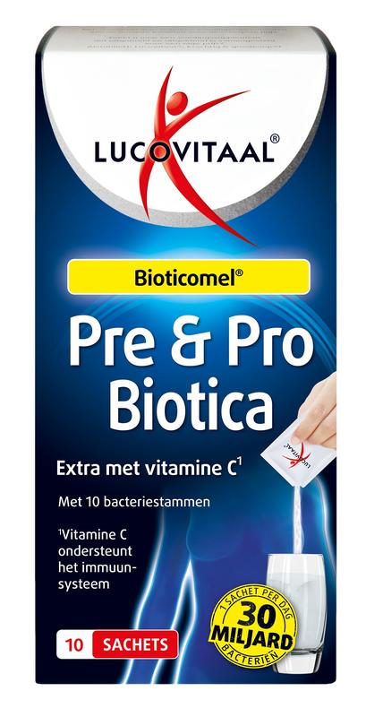 Lucovitaal Pre & Probiotica sachets with micro-organismen for digestive health, featuring 10 probiotic sachets in a resealable package.