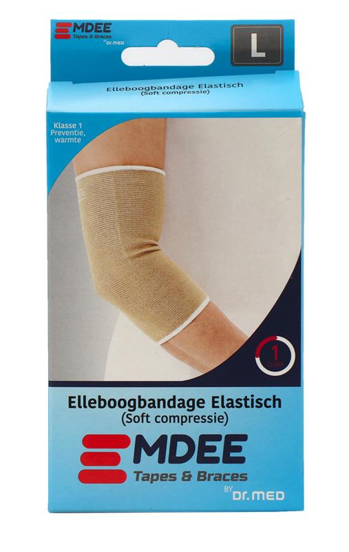 Emdee elastic support bandage for elbows, size L, skin tone, shown wrapped around the arm for support and compression.