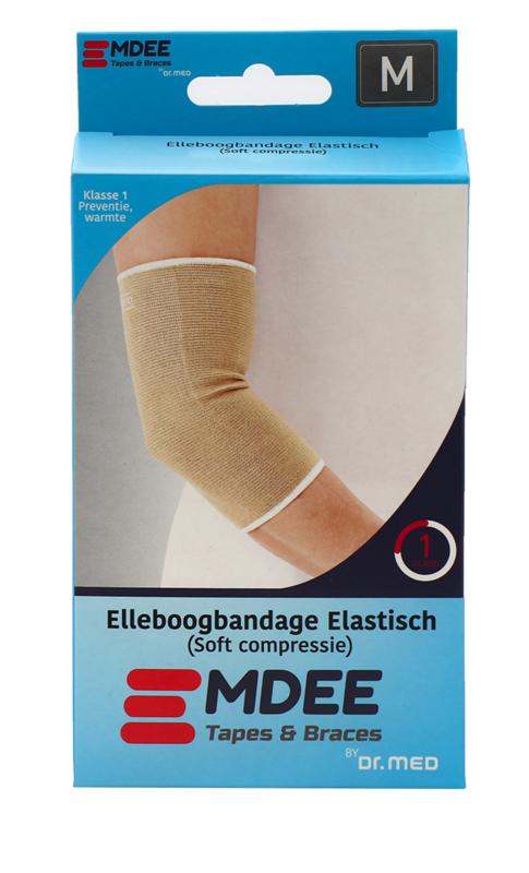 Emdee elastic support bandage for elbow, size M, skin color, shown wrapped around the elbow in the image.