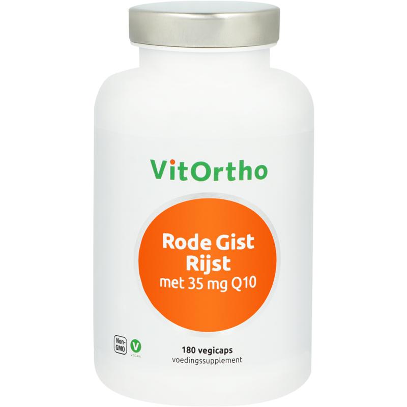 Vegetarian capsules of VitOrtho Rode Gist Rijst 35mg Q10 dietary supplement, showing the bottle and capsules.