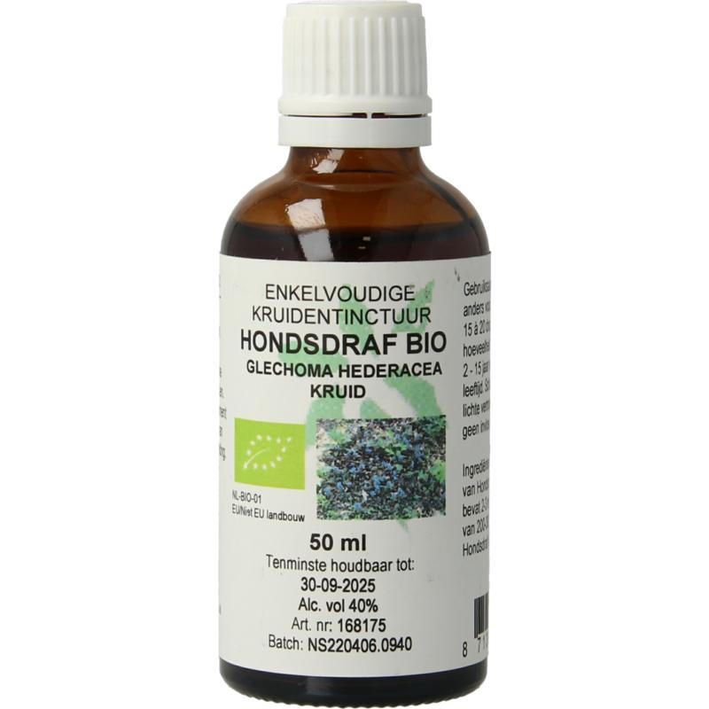 De Cruydhof Glechoma hederacea bio herbal extract in a 50ml bottle, used in herbal preparations, with green label and dropper cap.