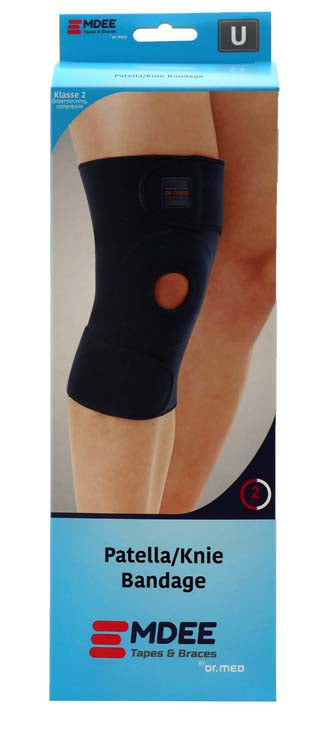 Blue Emdee knee brace with stabilizers, a supportive bandage for knee stability, shown on a plain background.