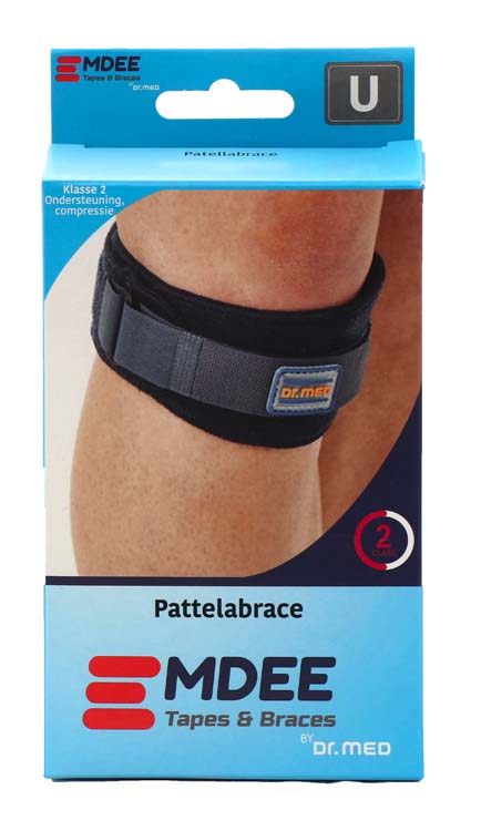 Blue Emdee knee and patella support bandage for knee support, shown in the image with its flexible design and adjustable fit.