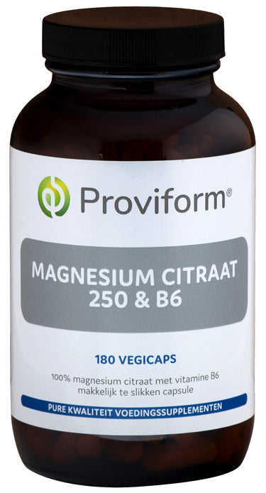 Proviform Magnesium Citraat 250 mg and B6 vegetarian capsules, mineral supplement in a clear bottle with capsules visible.