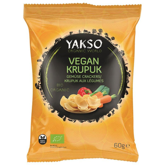Vegan Yakso Krupuk snack in a 60g package, crispy Indonesian-style crunchy snack, on a white background