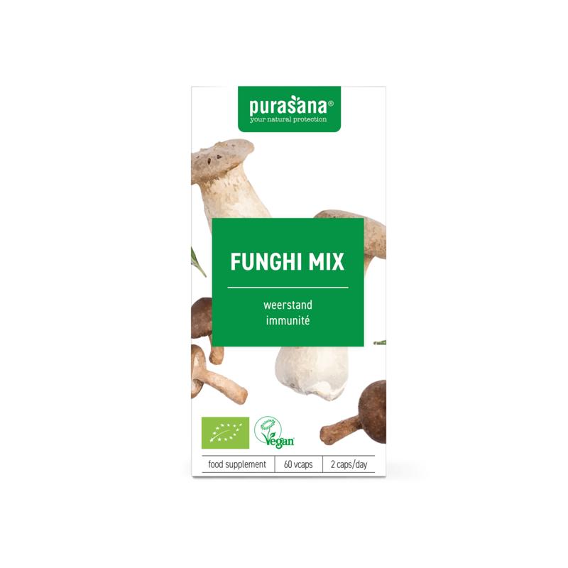 Purasana Funghi Mix vegan organic herbal capsules in a jar, showcasing the herbal supplement packaging and capsules.