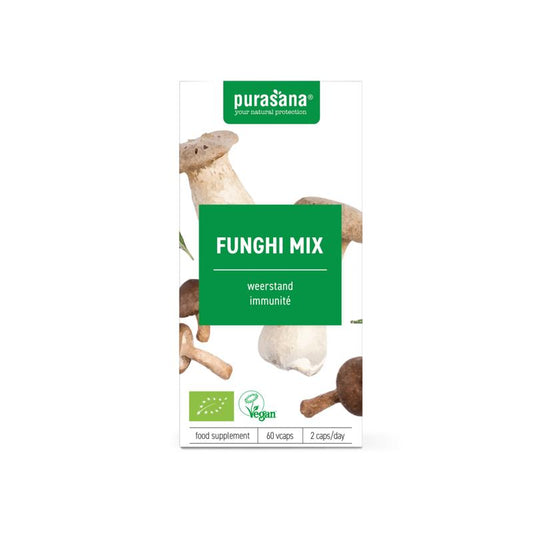 Purasana Funghi Mix vegan organic herbal capsules in a jar, showcasing the herbal supplement packaging and capsules.