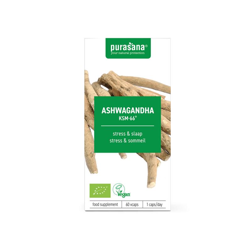 Purasana Ashwagandha KSM-66 vegan bio herbal capsules, vegetarian supplement in a bottle with capsules visible.