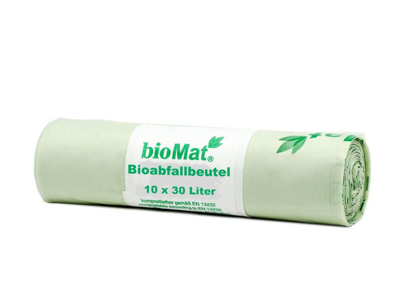 Biomat compostable wastebags, 30-liter household trash bags, 10-pack, eco-friendly vuilniszakken for household waste.