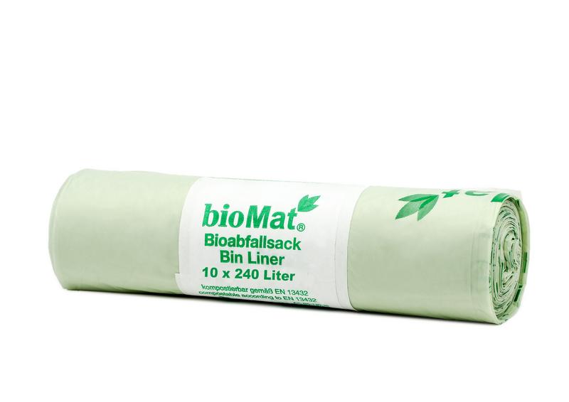 Biomat compostable wastebags, 240-liter household trash bags, 10-pack, eco-friendly garbage bags for compost waste.