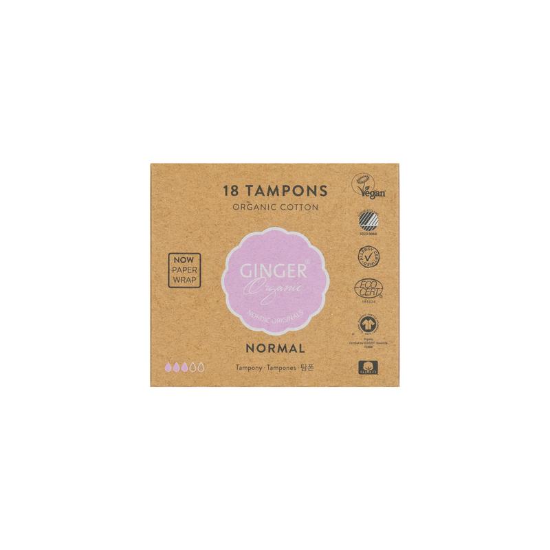 Organic Ginger Tampons, normal absorbency, 18-pack, for women, displayed in the product image.