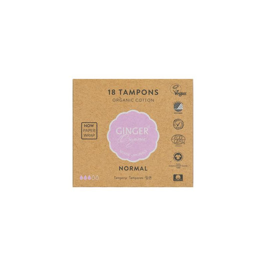 Organic Ginger Tampons, normal absorbency, 18-pack, for women, displayed in the product image.